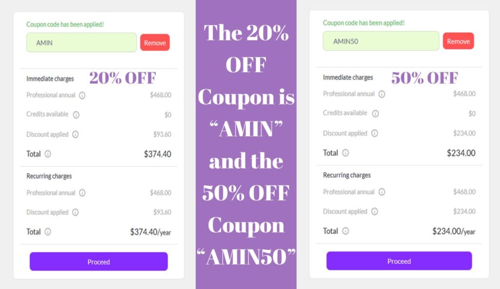 Screenshot of Pictory discount pricing plan. The 20% OFF Pictory Coupon code is AMIN and the 50% OFF Coupon AMIN50