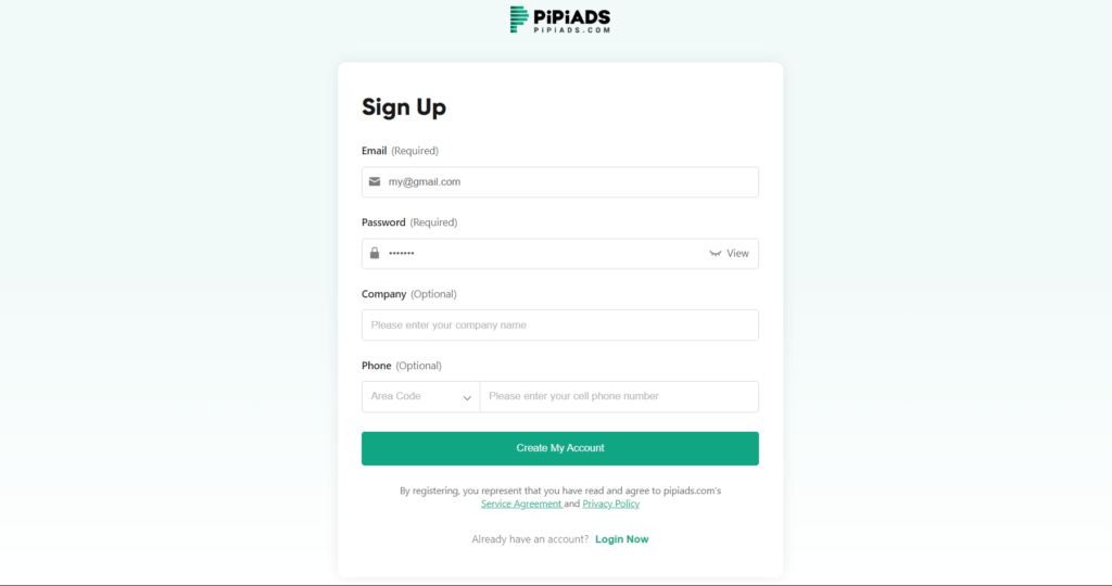 PiPiADS registration page